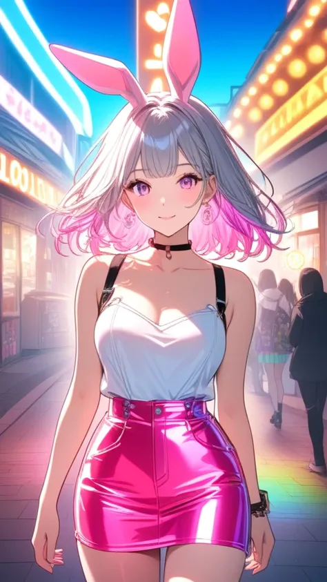 One girl,Character portrait, Illustration effect for posters and magazines, whole body,Movement illustration,Medium Hair,  silver hair, pink Bunny ears , She has large expressive pink eyes,Backlight, Black Light, Beautiful fine details, Beautiful lip detai...