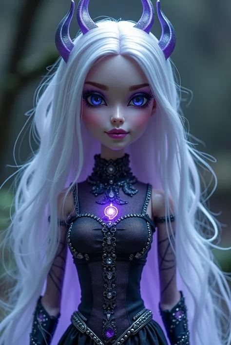 Create a female character for me, in the style of Monster High dolls.

Style: Doll Appearance:

hair: Your hair is long, smooth and in an ethereal silver tone, with light violet reflections that shine in the moonlight. When she gets emotional or is about t...