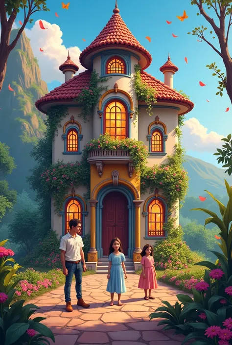 Create a festive illustration inspired by the film Encanto, focusing on Casa Madrigal. The house should be the central highlight, imposing and colorful, surrounded by the main characters in poses that reflect their personalities and gifts. Casa Madrigal mu...