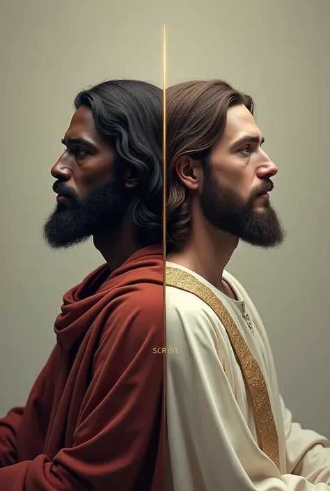 Image of a dark skin vs white skin Jesus Christ symbolically. It should not include female feature. There should be two district figures looking alike but one dark skinned, one white skinned 