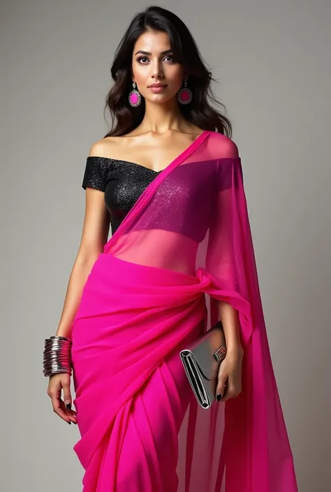 Indian women real. Saree: Hot Pink

Fabric: Georgette or chiffon for a playful vibe.

Blouse: Off-Shoulder Blouse in black or metallic silver.

Accessories:

Bold pink or silver earrings.

Stacked bracelets.

Silver clutch.
