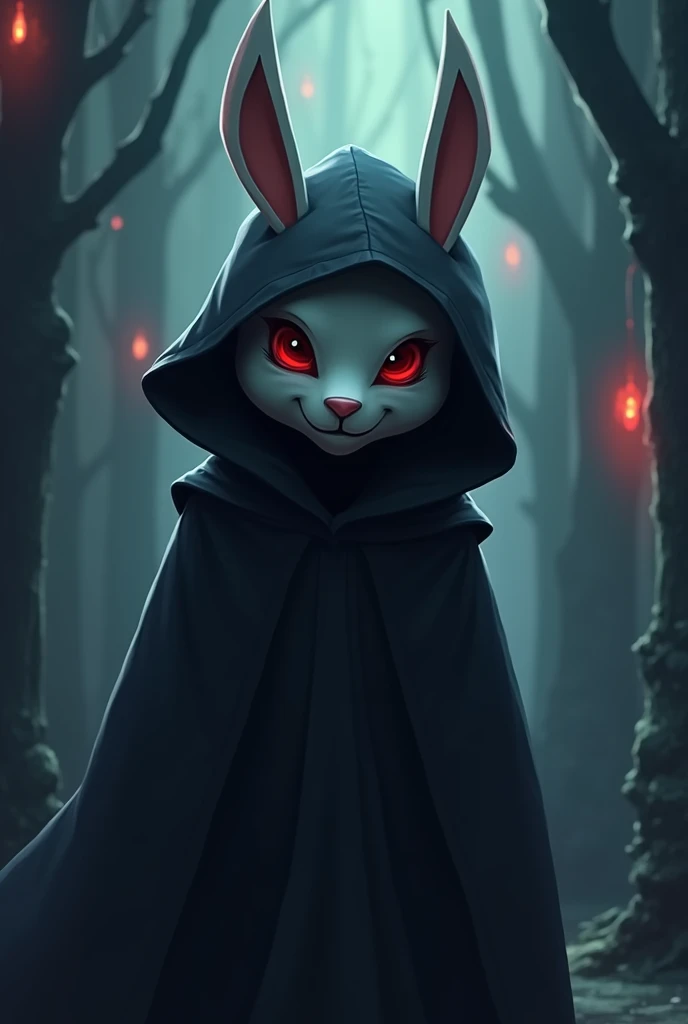 Character wearing a black hood with horns wearing a rabbit mask CARTOON