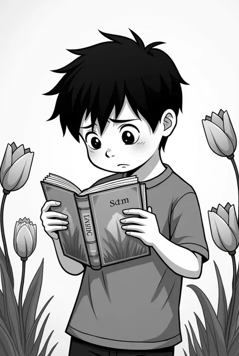 A boy feeling stressfull, sad and worried about his future. A tulip flower theme diary in his hand and this diary cover page name is "STM". So he look at the flowers deeply. Cartoon  Black and white pic