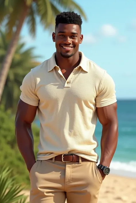 19 year-old male, 55" (165 cm) tall, athletic build, dark-colored skin, and short hair. Wearing beige chinos, a pastel-colored or white summer knitted shirt, leather belt, and a simple watch. Fit and toned physique, with broad shoulders and a lean waist. F...