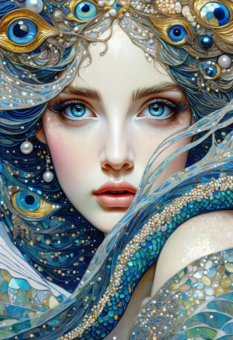 digital-art, fantasy mermaid veil-shaped tail huge blue eyes in full height random perspective in half a turn Mikhail Vrubel Klimt decorated with filigree pearls, hyperrealism, mosaic, pointillism, micro-detailing, the finest drawing, dotted drawing of the...