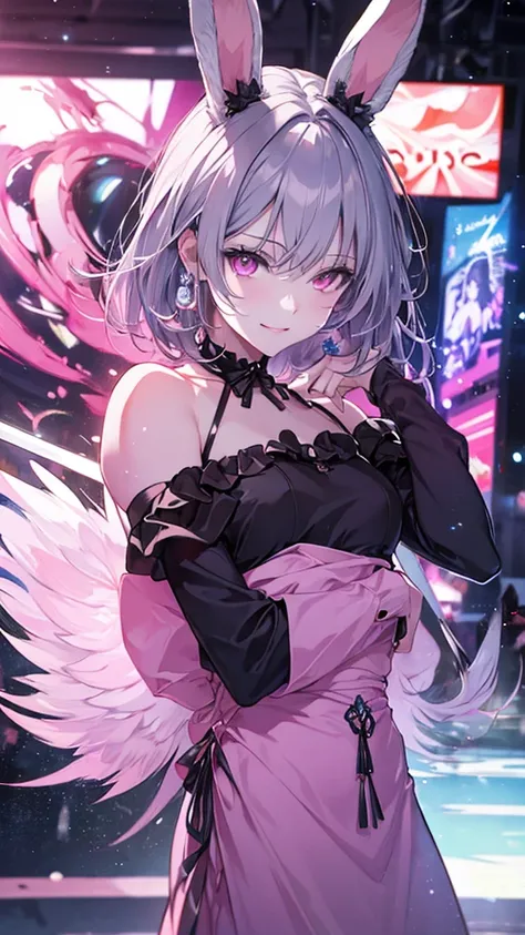 （Highest quality、High resolution、8k、mysterious、masterpiece：1.2）。Gatekeeper of Hell。In front of a gate that emits an evil aura, Anime she have a short silver hair, Pink long dress, Light Smile,Pink eyes,pink Bunny ears , beautiful face,,{{full body}}, rando...