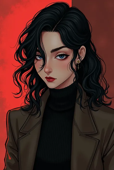 (manhwa) A man named Leonardo. He has long black hair and feminine appearance yet he is a man that is 54-55 in height. His brows, frowned but his soft red lips, smirking. He might wear a three piece suit, or he could be in a turtleneck and brown coat—typic...