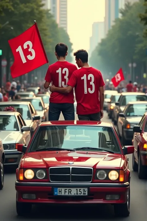 Open car queue, with people above wearing red t-shirts with the digit 13 and holding red flags with the digit 13 