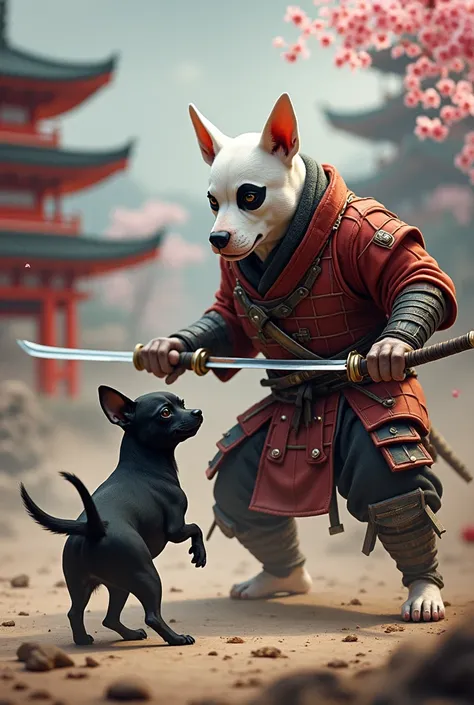 Small black haired Chihuahua with White haired Bullterrier who has a eggshaped head with black mark on his eye and they are samurais