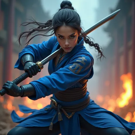 1 stunning female ninja, epic fantasy battle, intricate details, highly detailed, masterpiece, 8k, photorealistic, hyper realistic, dramatic lighting, dynamic poses, cinematic composition, intense action, chiaroscuro, vibrant colors, dark and moody, dramat...