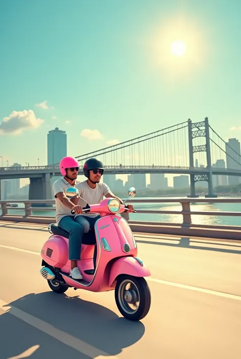 Yanghwa Bridge in Seoul with warm sun and high blue sky.
A man wearing a baby pink helmet and a man wearing a black helmet are riding a baby pink Vespa motorcycle.