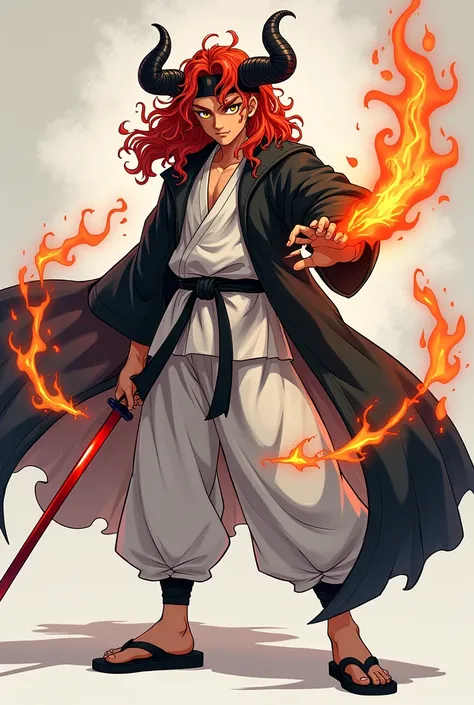 Anime boy with long curly red hair, a black headband, brown skin, yellow eyes, black horns with flames around them, and a black cloak with white martial arts pants and black sandals  holding a red katana 