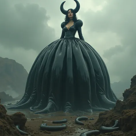 Sexy giantess witch black latex inflatable big balldress with inflatable horns she with her inflatable latex balldress gigantically large inflated balldress she is so big she towers over the whole continents plump princess balldress her plump balldress is ...