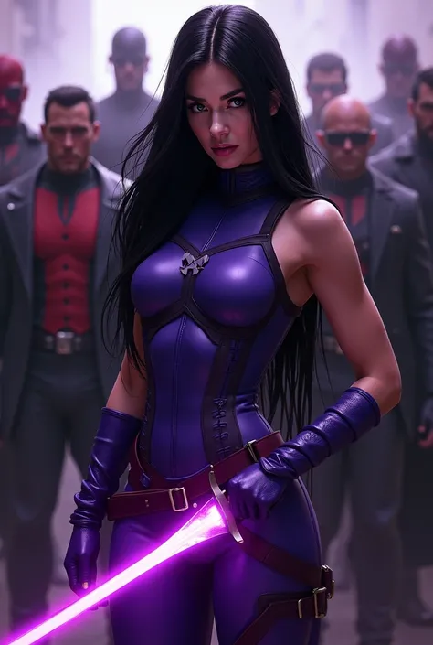 Psylocke, an assassin  X-Men member, wear purple X-men uniform with x-men symbol, so tight leather uniform, carry purple plasma blade, straight detail long hair, so beautiful, perfect face, perfect body, behind a million villain