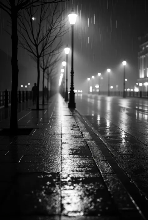 black and white photo of a rainy night in Saint Petersburg, wet reflections on the sidewalk