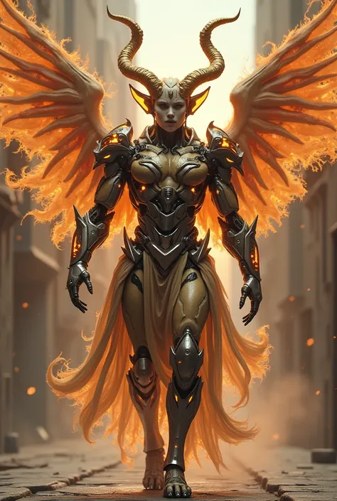 Create a robust and technologically advanced Divinity. This being has a human facial appearance but at the same time humanoid with golden horns., with his cyborg and transhuman body. He also has 4 large tails and wings of fire., with four arms and a humano...