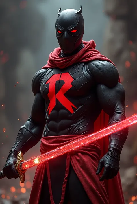 African male wearing black spiderman mask and red dragon scarf with black and red armor bodysuit with letter R in middle of chest wielding red glowing crystal katana with gold hilt