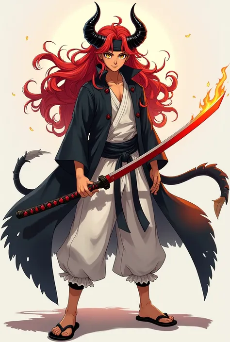 Anime boy with long curly red hair, a black headband, brown skin, yellow eyes, black horns with flames around them, and a black cloak with white martial arts pants and black sandals  holding a red katana 