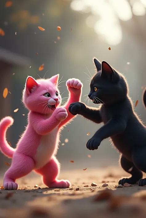 Scene 1 (0-5 seconds): The fight begins with a quick exchange of jabs. The pink cat launches the first punch—a swift left hook—but the black cat ducks and counters with a rapid right jab. The pink cat narrowly dodges and steps back, reassessing its strateg...