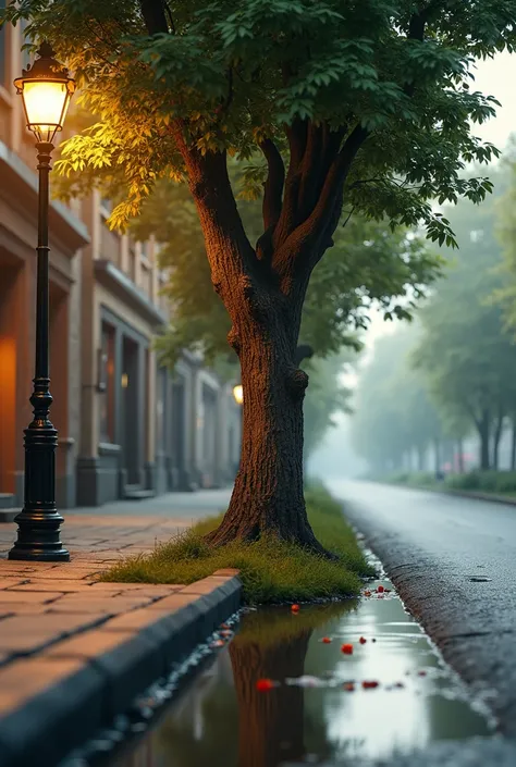 Realistic photo of tree in the street with street old light reflection and add some blur