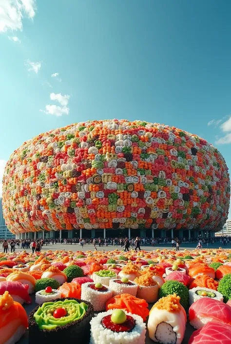 A high-quality image of Tokyo Dome completely covered in sushi rolls. The sushi rolls are colorful and varied, with some topped with bright ingredients. The background shows a clear blue sky, and the scene is vibrant and lively.