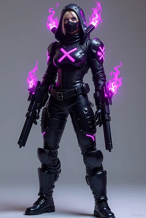 *my heroine costume, black color and neon purple parts, The suit was a fitted jacket with a waistband in the center of the torso.  "X" of marked neon color address, High boots specialized in difficult terrain,two medium cannons on the arms, with an added h...