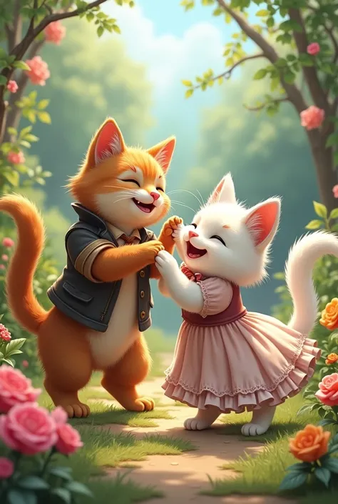 draw a brown male cat who is wearing a short and pen. draw a female white cat who is wearing a frock. draw them playing in the garden and gaving fun in flowers