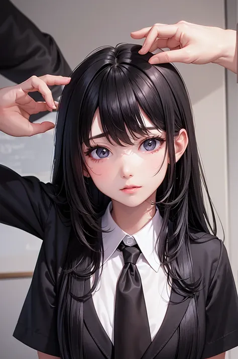 {best quality}, {very aesthetic}, {ultra-detailed}, {best illustration}, nsfw, girl, black long hair, school uniform, classroom, man, fellatio, {{{deep throat}}}, drool, close up face,