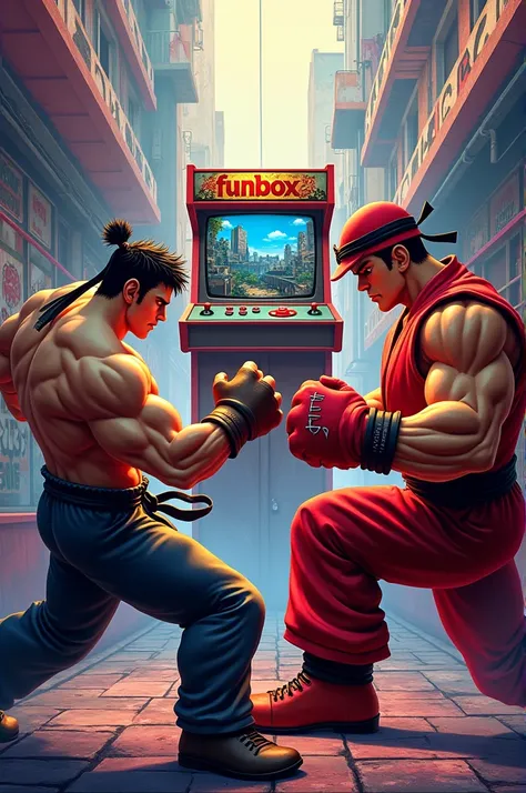 Create a profile picture that features a console in the center, con Ryu, Chun-Li and Blanka in combat poses. The background should be a vibrant urban environment, with graffiti and bright colors. The &#39;FunBoxX&#39; text should be bold and dynamic, with ...