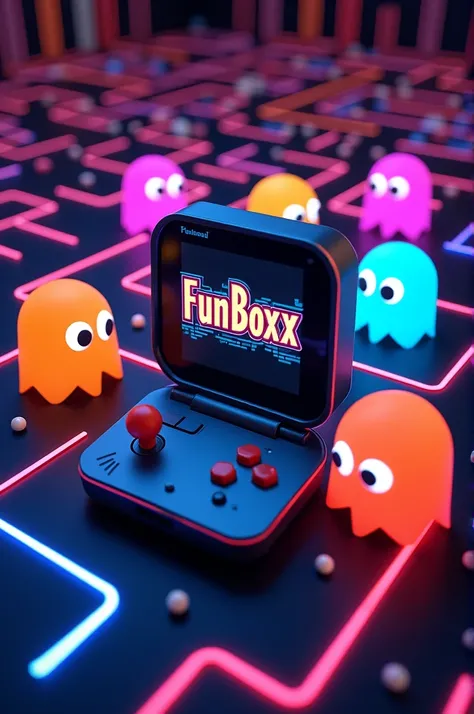 Create a profile picture that includes a modern portable console, surrounded by Pac-Man, ms. Pac-Man and ghosts. The background should be a classic Pac-Man maze with neon colors. The &#39;FunBoxX&#39; text should be retro and bright, Capturing the essence ...