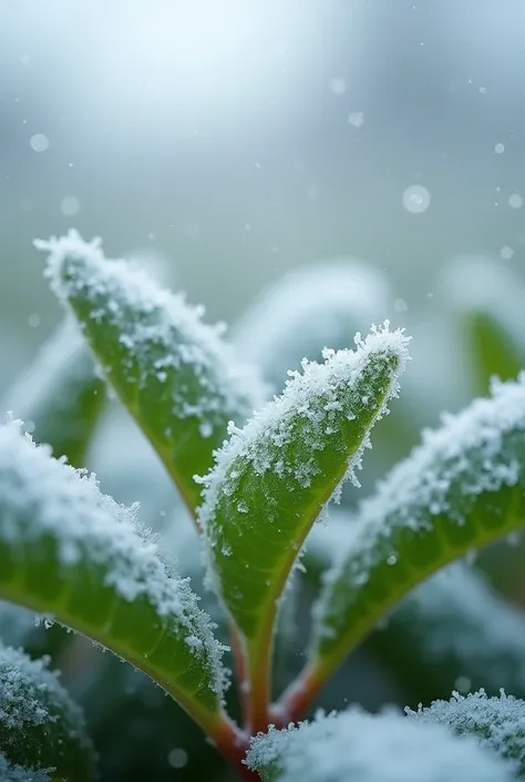 The snow falling gently over the leaves is a silent and magical spectacle, as if the sky itself were painting the world with delicacy. Tiny white snowflakes, light and fragile, float in the air, dancing in slow spirals before gracefully landing on the leav...