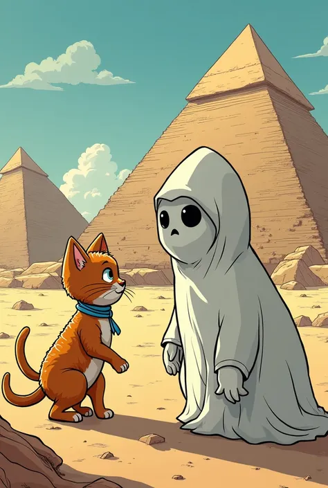 Create a comic strip with a kitten character with the following lines
_Maia I need help 
_aaa who are you 
_I am the ghost, the ancient pharaoh, I need you to help me solve the enigma, only then will I be able to evolve. 
_but how can I help you 
_finding ...