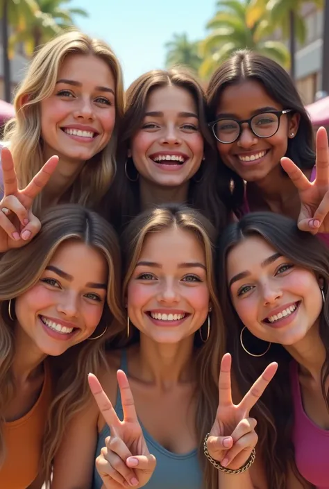 Six friendly girls peace sign