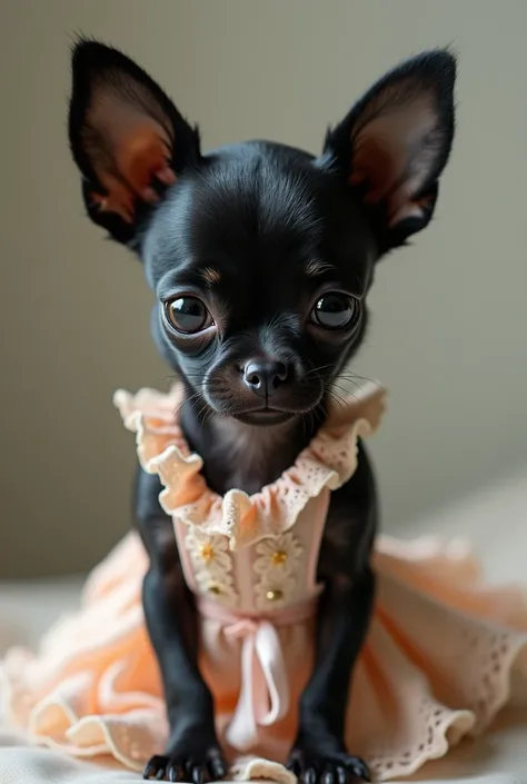 (photorealism:1.2), fully black haired tiny chihuahua dressed as a girl with human body