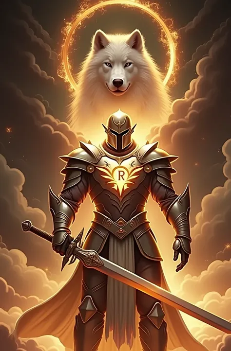 A warrior in shining armor with his face hidden by a helmet, holding a sword, with an "R" on the sword, with a glowing phoenix logo on his chest, a white wolf shadow behind them, with a background of clouds of paradise, very detailed, 8k, photorealistic. ,...