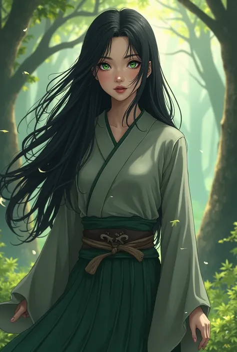 Beautiful girl with black long hair, green eye color. In the Naruto universe, from the village of Konoha. Anime clothing.