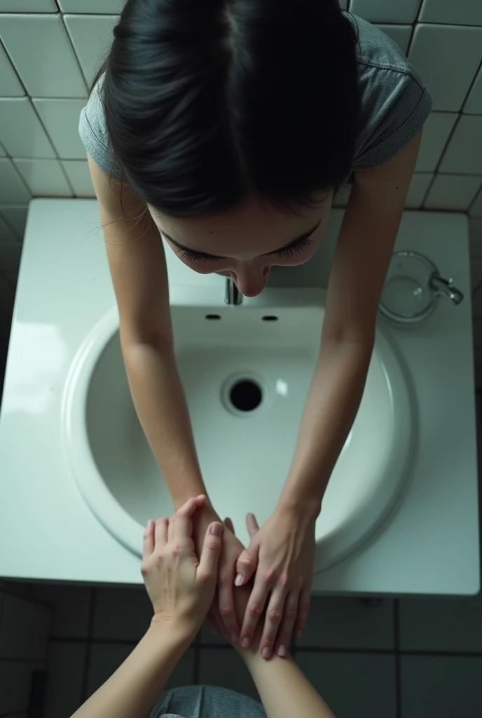 First person view from above, of someone who has hands that hold themselves on the edges of a sink 