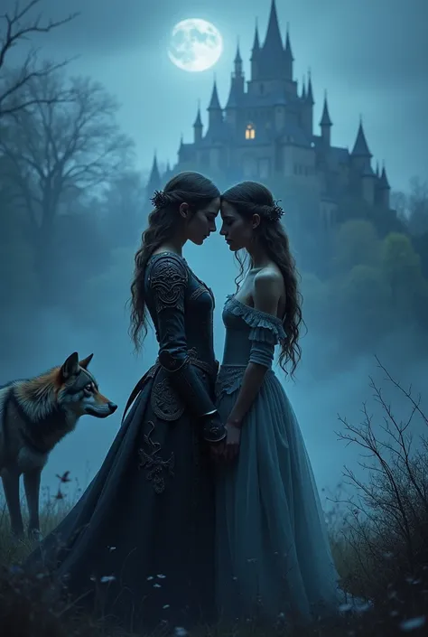 a dark blue bookcover with two girl fall in love.One girl with armor and another one girl with a dress.Its supposed to have a castle behind the girls and a wolf.The title should be "Found the one".Its a fantasy love.