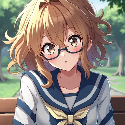 Screenshot of boku no hero girl dark blonde messy layered hair and bangs, up to the shoulders Light honey-colored eyes with feline blue highlights Long eyelashes Flirtatious expression Wears glasses Is in a park sitting wearing the UA uniform