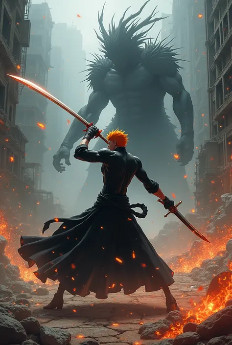 Create an image of Ichigo with his Bankai in a fight to the death 
