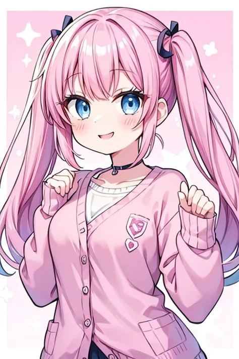 Pink Hair、blue eyes、 girl、Small breasts、Twin tails、Laughter、Smiling face、Wearing a knitted cardigan、、 girl、Looks like she&#39;s about 15、Flat-chested girl、girl、Uniform、 girl、accessories、ear piercing、Cute hairpin、Hair accessories、Gal-like、At school、Tempting...