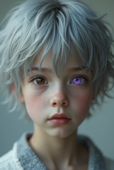 teenage boy with medium length fluffy gray hair and purple eyes