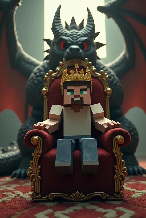 A Minecraft noob sitting on top of a throne with a crown on his head and a fallen dragon behind him 