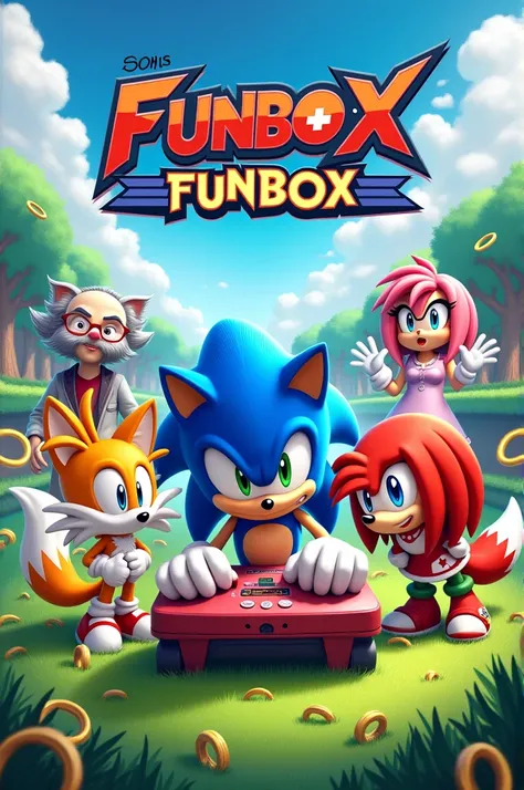 Create an image that includes a console, Surrounded by Sonic, Tails, Knuckles, DR. eggman, y Amy Rose. The background should be a vibrant landscape of Green Hill Zone, with bright rings. Add the name &#39;FUNBOXX&#39; in a dynamic and colorful typography.”