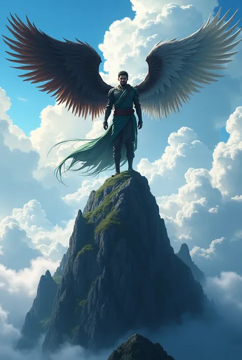 Half devil wings with half angel wings a man standing on a mountain above the clouds . anime type 