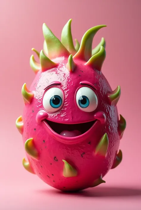 Dragon fruit with two eyes one mouth and it looks sweet and it shines 
