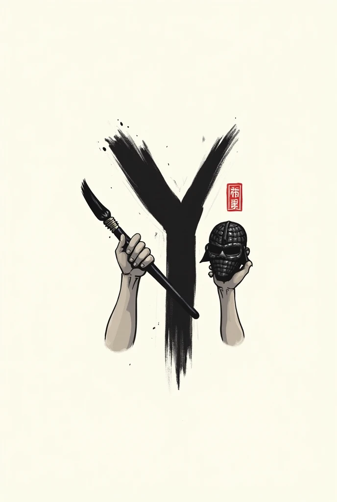 Logo with the letter Y, with one hand holding a samurai mask and in the other hand a brush with ink