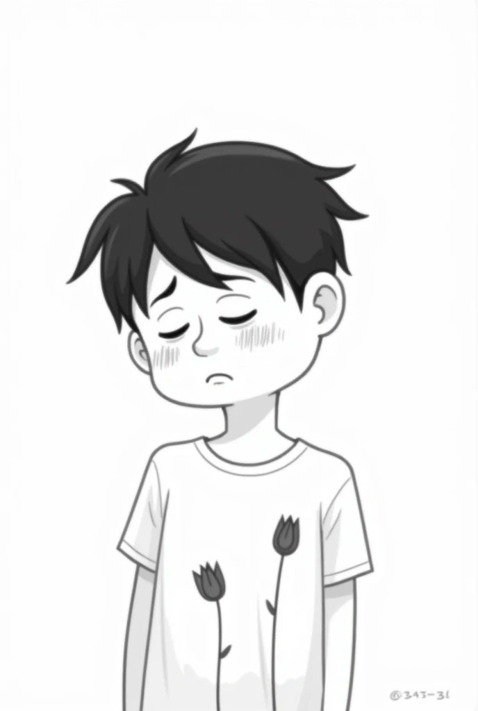 A boy feeling stressfull, sad and worried about his future. He wear a tulip flower design t-shirt. So he look at the shirts design. Cartoon  Black and white pic for 