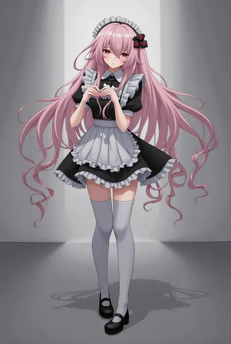 1girl, apron, bow, cube hair ornament, dress, frills, gloom (expression), hair ornament, heart, heart hands, long hair, looking away, maid, maid apron, maid headdress, mary janes, one side up, pink hair, shaded face, shoes, short dress, solo, sweatdrop, th...