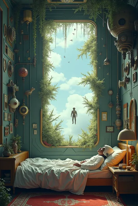 A cosmonaut in a room lying on his bed and on the ceiling an opening onto another world with an animal and the branches of a tree coming out of the ceiling et sur les murs il y a des mécanismes et horlogeries machine ambiance galactique et le plafond presq...